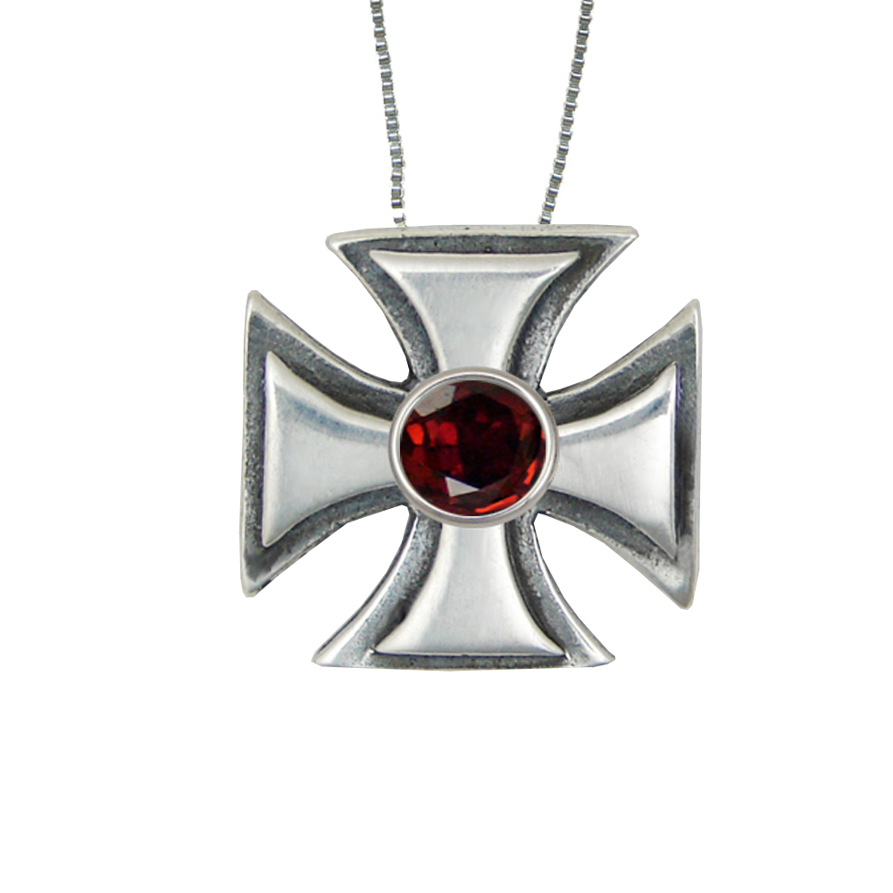 Sterling Silver Iron Cross Pendant With Garnet